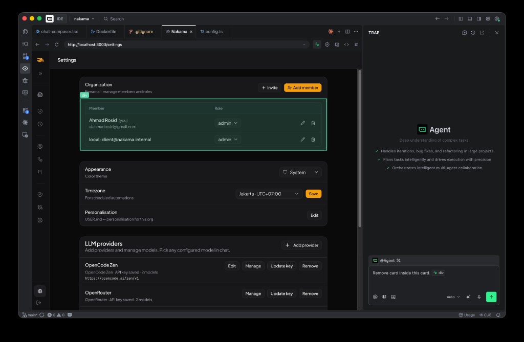 Trae design mode: settings page with a div selected and agent prompt to remove nested card