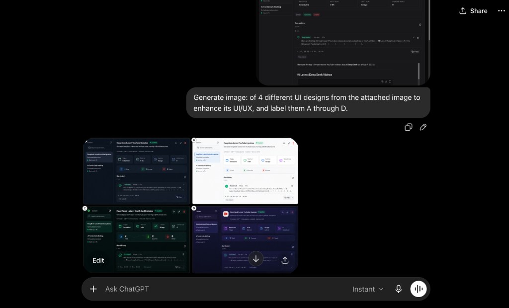 ChatGPT generating four labeled UI variants A through D from an attached screenshot